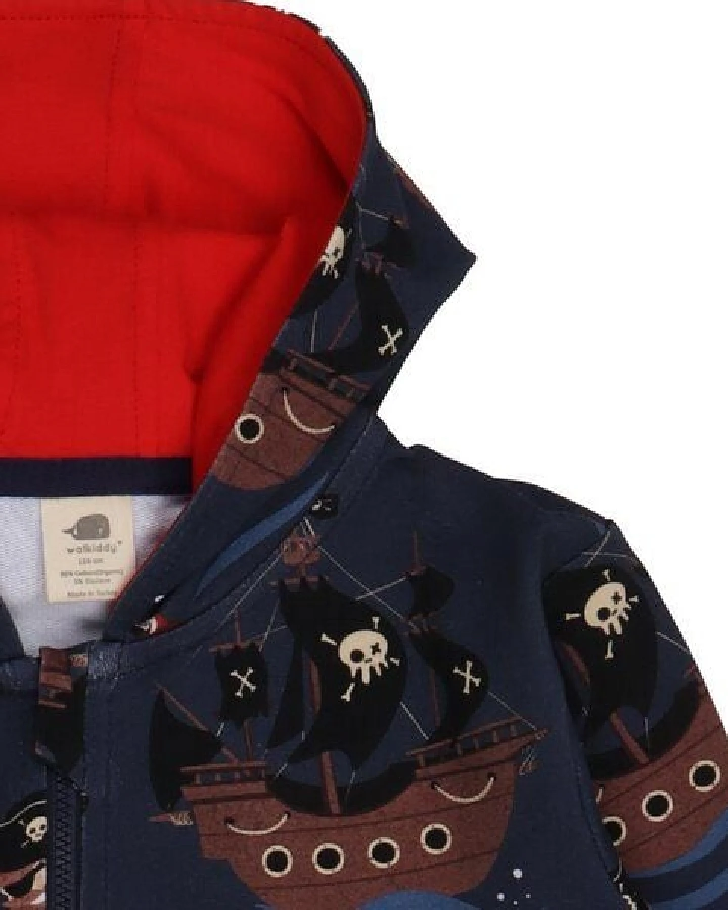 Kinder Sweatjacke GOTS zertifiziert – 95% Bio-Baumwolle, Dunkelblau mit Piratenschiff-Motiv, Kapuze & Reißverschluss – Ansicht 3