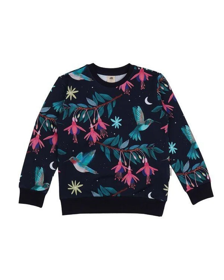 Kinder Sweatshirt GOTS zertifiziert, 95% Bio-Baumwolle, dunkelblau, Kolibri-Muster, weich & bequem – Walkiddy
