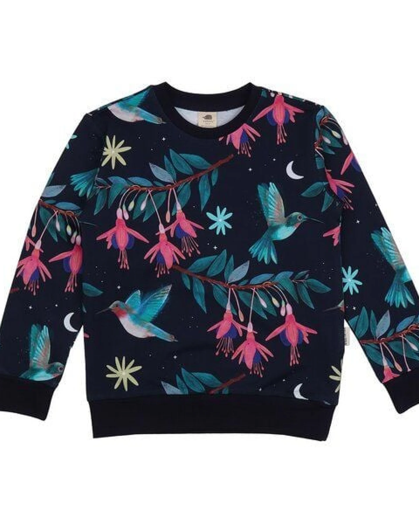 Kinder Sweatshirt GOTS zertifiziert, 95% Bio-Baumwolle, dunkelblau, Kolibri-Muster, weich & bequem – Walkiddy – Ansicht 2