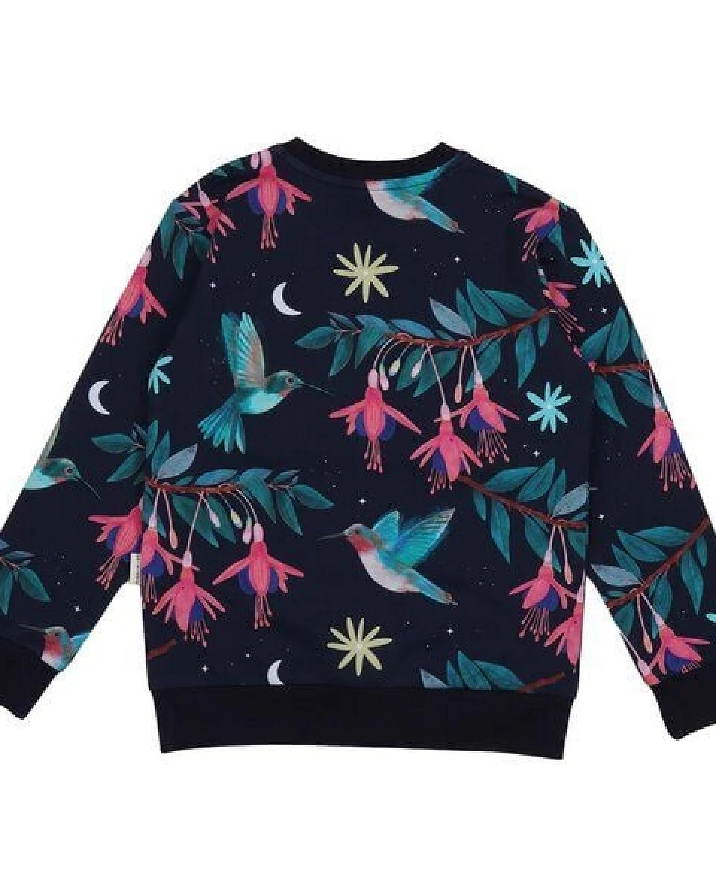 Kinder Sweatshirt GOTS zertifiziert, 95% Bio-Baumwolle, dunkelblau, Kolibri-Muster, weich & bequem – Walkiddy – Ansicht 4