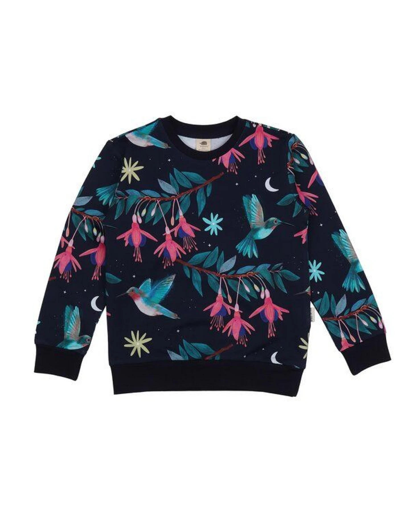 Kinder Sweatshirt GOTS zertifiziert, 95% Bio-Baumwolle, dunkelblau, Kolibri-Muster, weich & bequem – Walkiddy – Ansicht 2