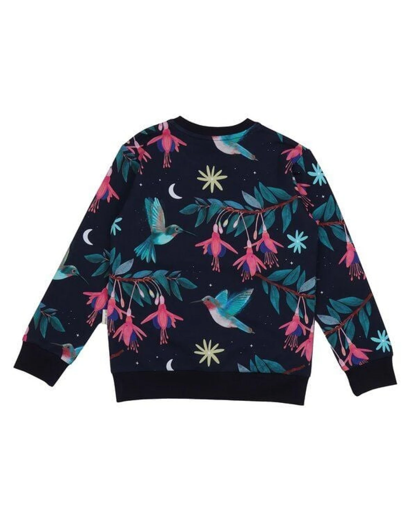 Kinder Sweatshirt GOTS zertifiziert, 95% Bio-Baumwolle, dunkelblau, Kolibri-Muster, weich & bequem – Walkiddy – Ansicht 4