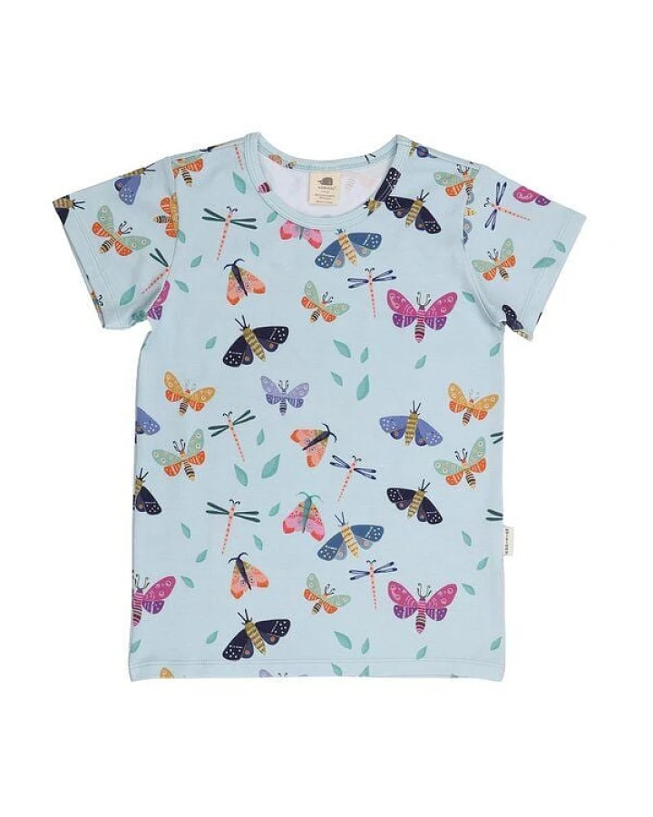 Kinder T-Shirt GOTS-zertifiziert aus Bio-Baumwolle hellblau mit buntem Schmetterlings-Muster von Walkiddy