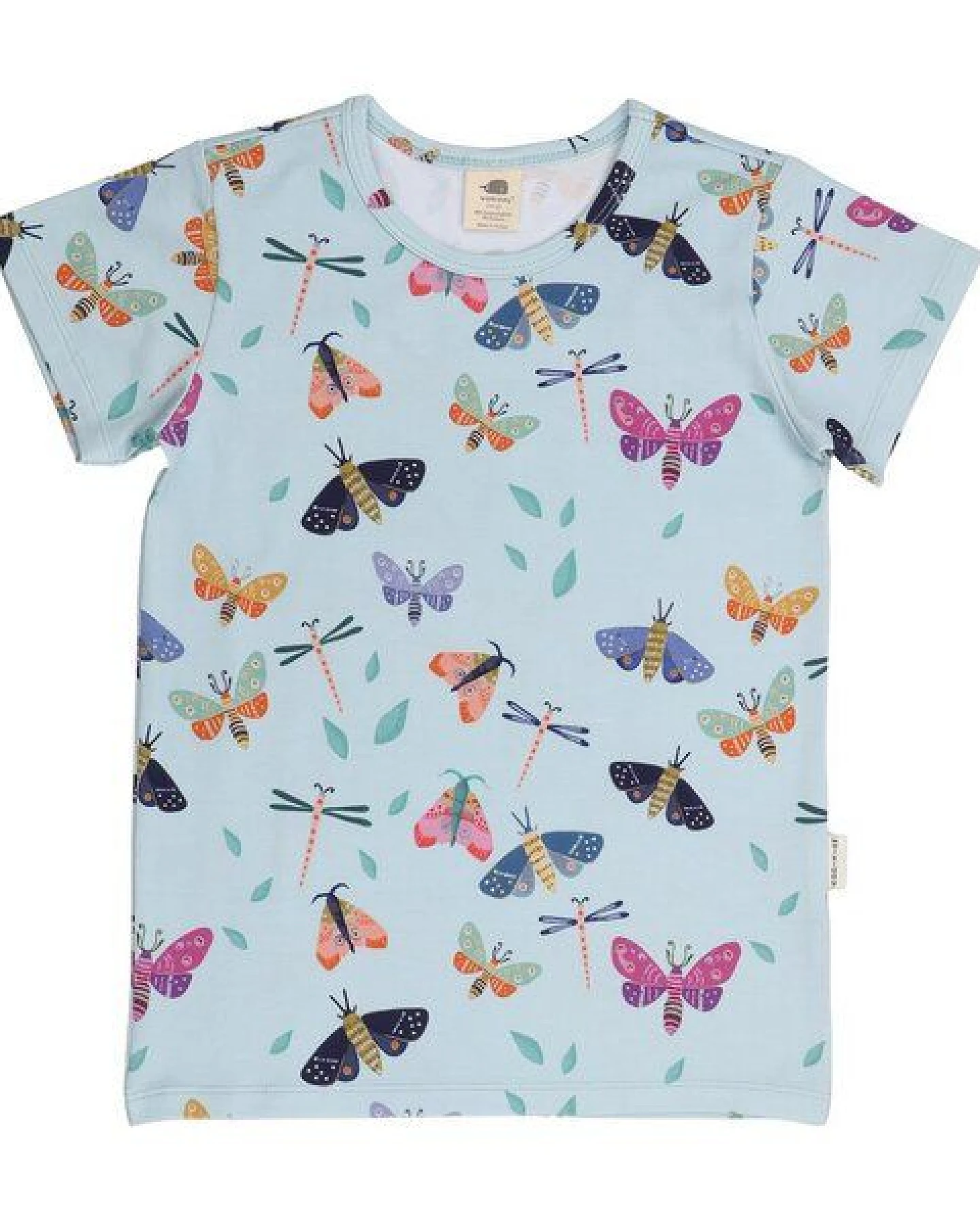 Kinder T-Shirt GOTS-zertifiziert aus Bio-Baumwolle hellblau mit buntem Schmetterlings-Muster von Walkiddy – Ansicht 2