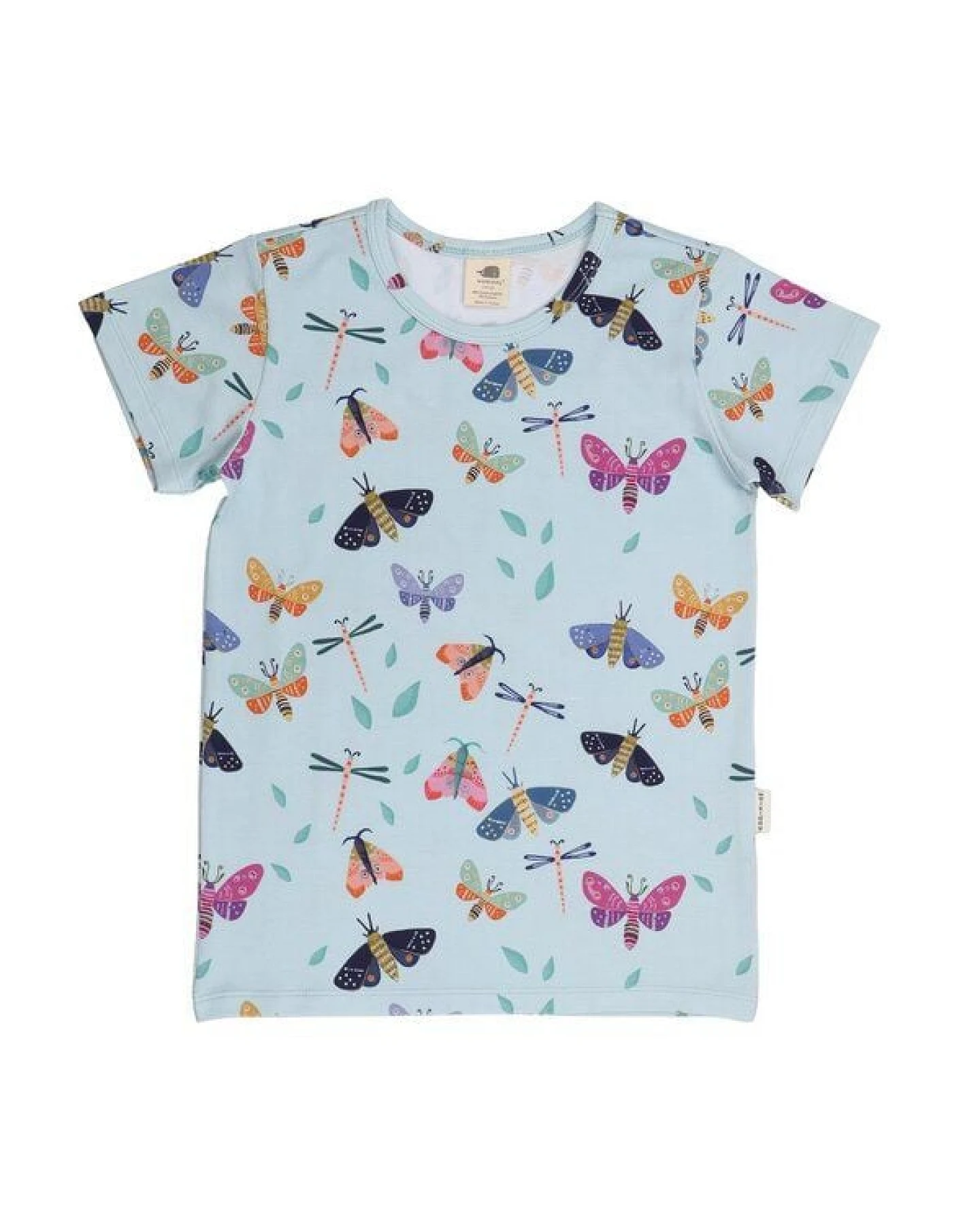 Kinder T-Shirt GOTS-zertifiziert aus Bio-Baumwolle hellblau mit buntem Schmetterlings-Muster von Walkiddy – Ansicht 2