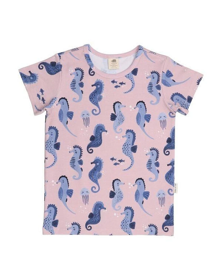 Kinder T-Shirt Bio-Baumwolle GOTS "Blue Seahorses" pink – veganes, fair produziertes Walkiddy Kindershirt mit Seepferdchen-Motiv für fröhliche Kids und empfindliche Haut