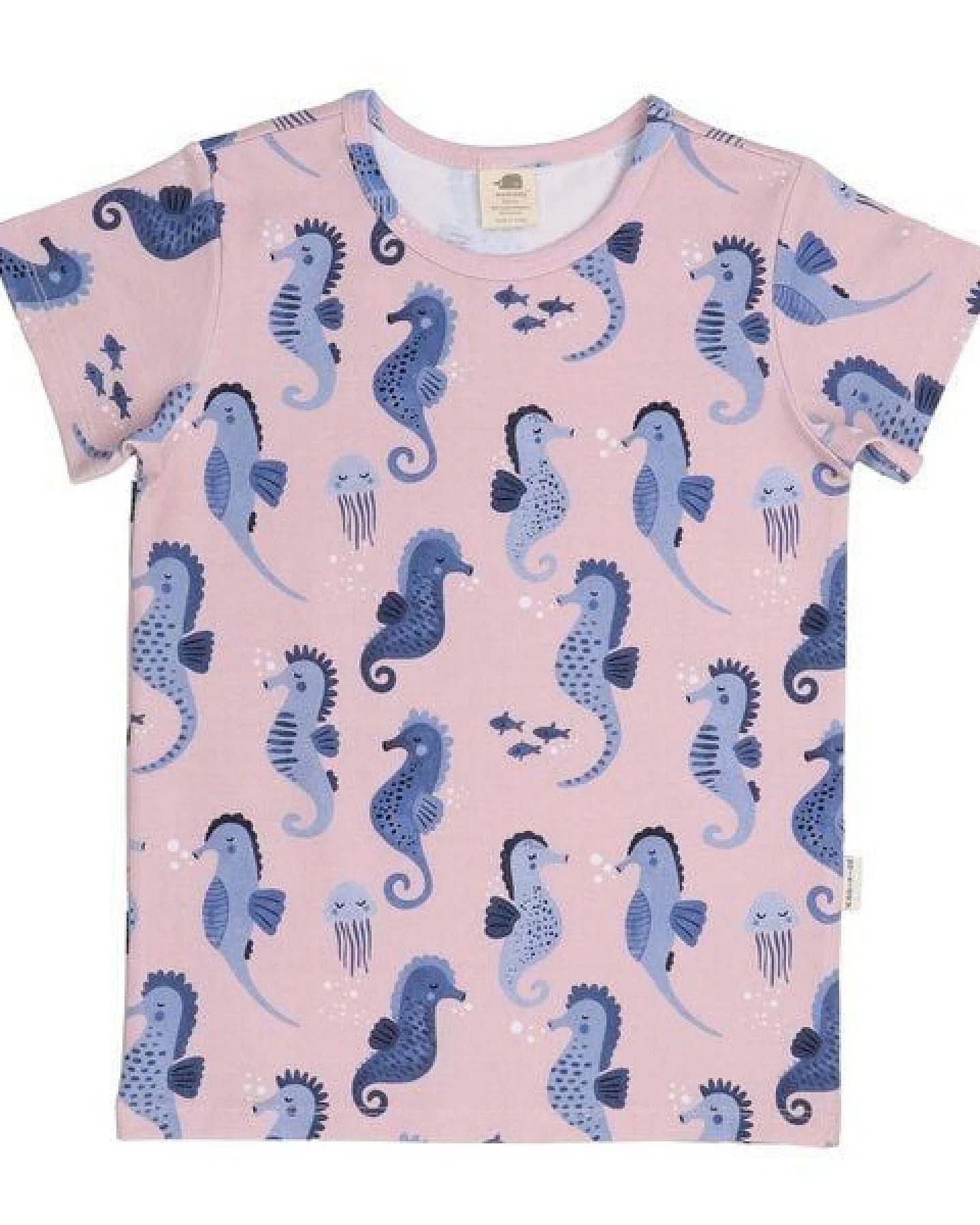 Kinder T-Shirt Bio-Baumwolle GOTS "Blue Seahorses" pink – veganes, fair produziertes Walkiddy Kindershirt mit Seepferdchen-Motiv für fröhliche Kids und empfindliche Haut – Ansicht 2