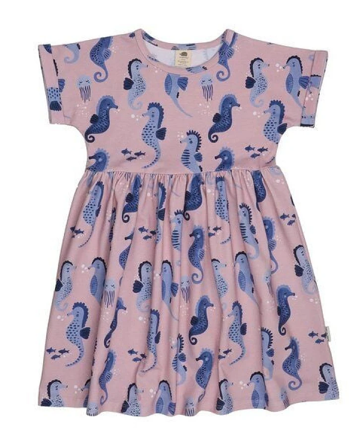 Kinderkleid GOTS zertifiziert, 95% Bio-Baumwolle, rosa, Seepferdchen-Muster, Kurzarm, leicht – Walkiddy