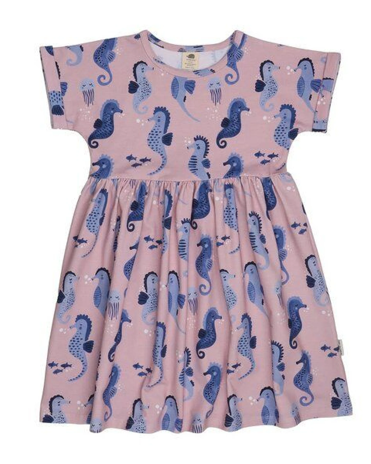 Kinderkleid GOTS zertifiziert, 95% Bio-Baumwolle, rosa, Seepferdchen-Muster, Kurzarm, leicht – Walkiddy – Ansicht 2