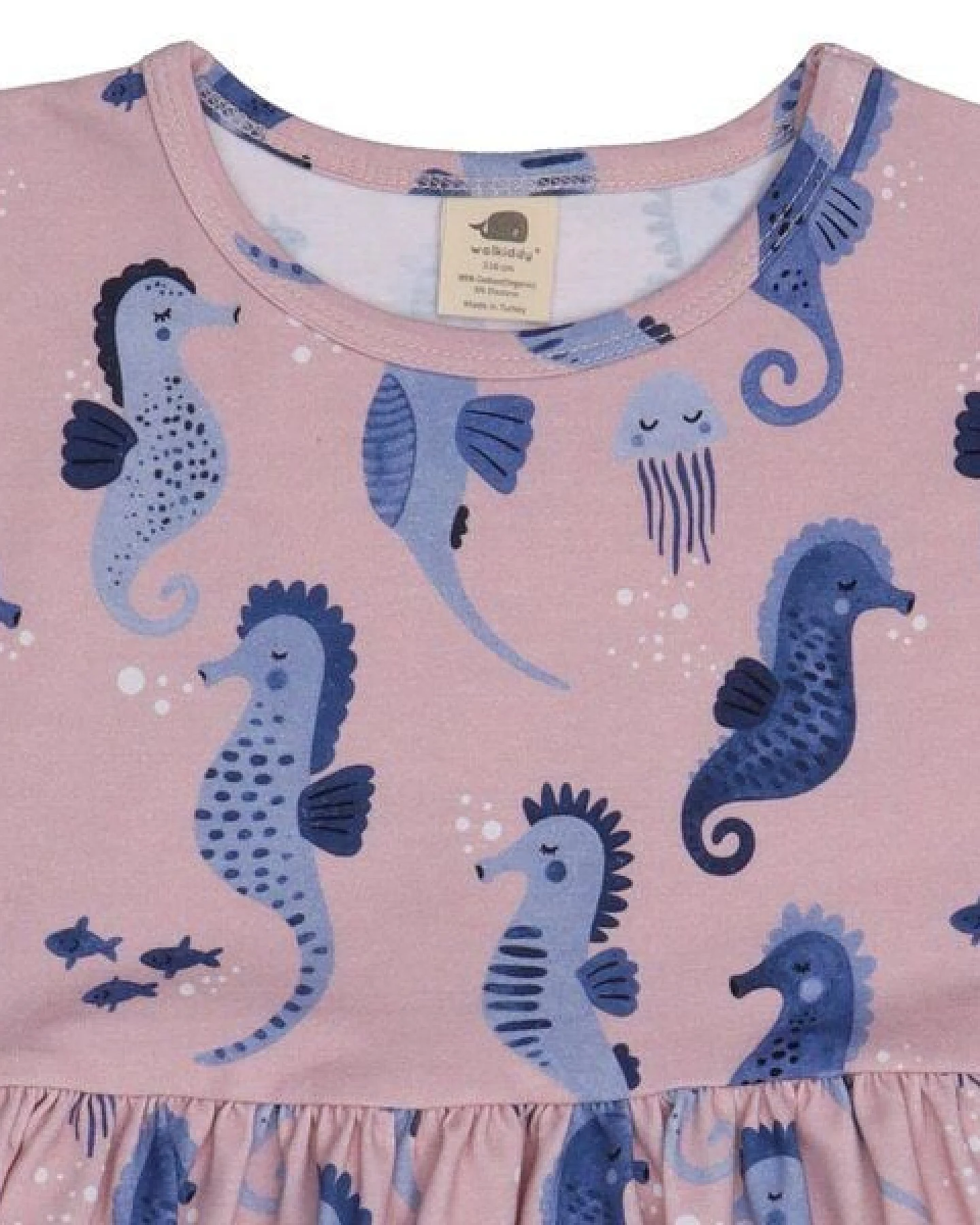Kinderkleid GOTS zertifiziert, 95% Bio-Baumwolle, rosa, Seepferdchen-Muster, Kurzarm, leicht – Walkiddy – Ansicht 3