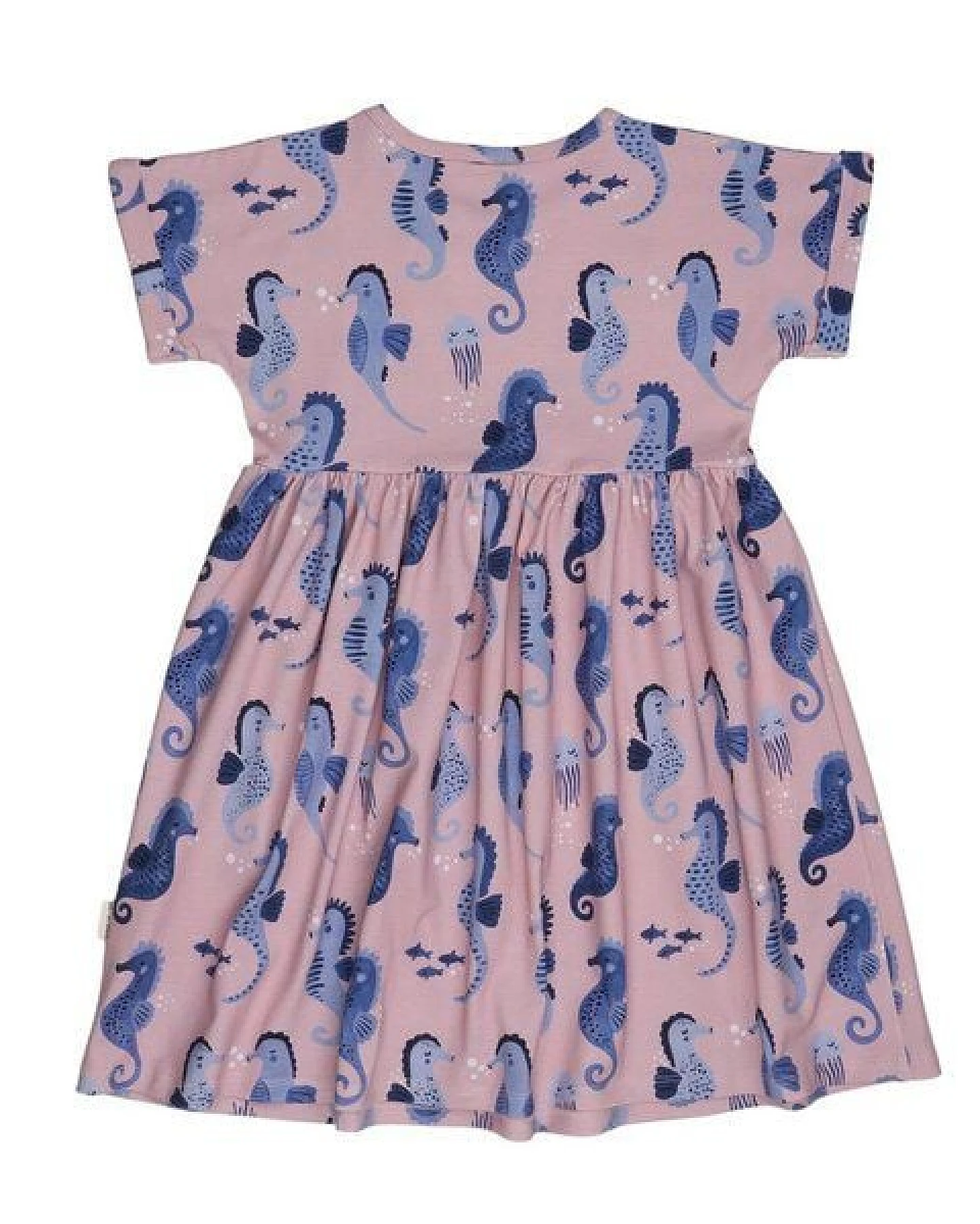 Kinderkleid GOTS zertifiziert, 95% Bio-Baumwolle, rosa, Seepferdchen-Muster, Kurzarm, leicht – Walkiddy – Ansicht 4