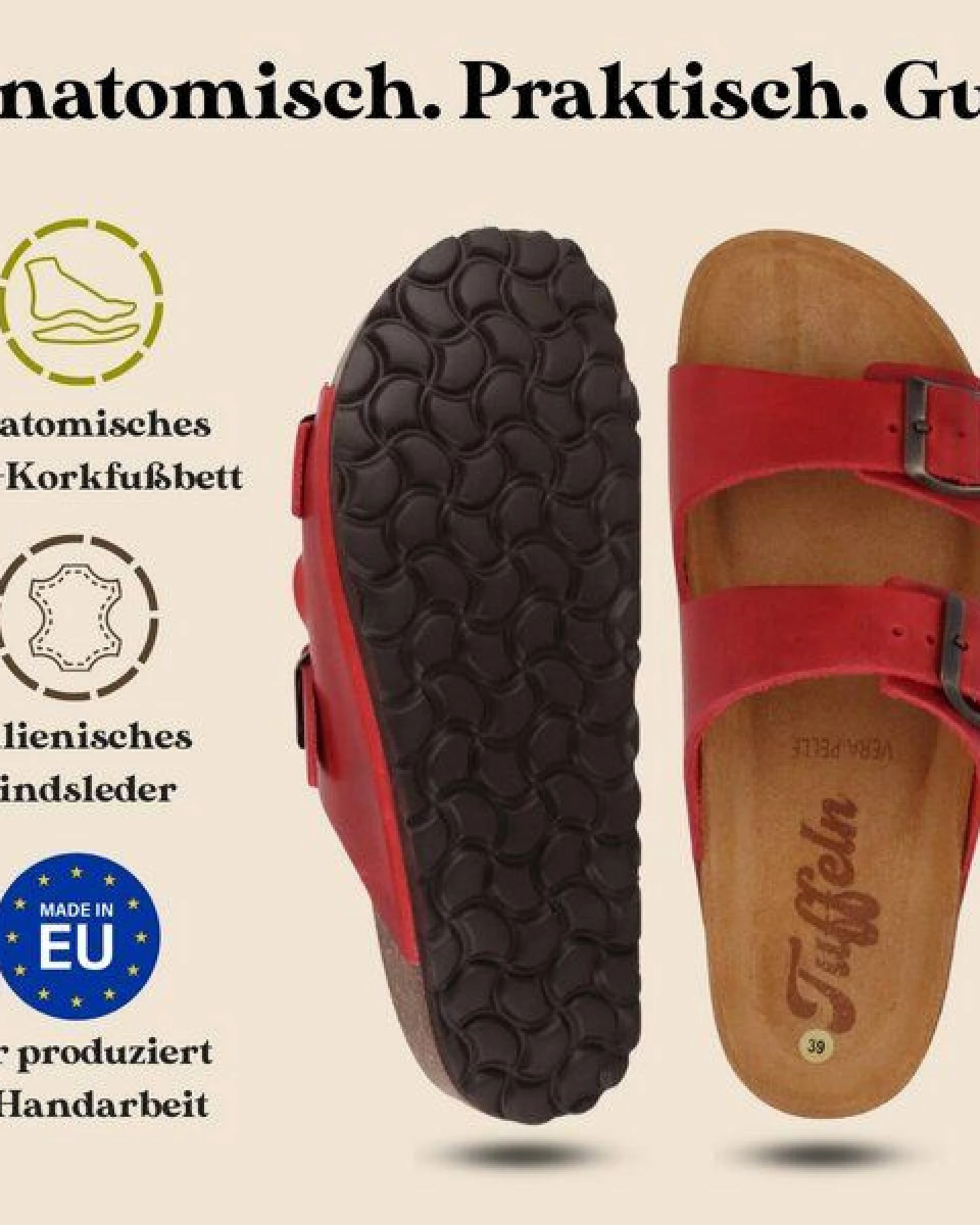Tuffeln Leder-Pantoletten Föhr mit weichem Kork-Fußbett Zweischnaller-Sandalen – Ansicht 3