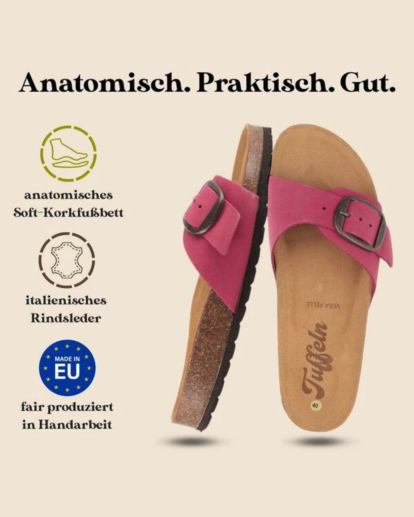 Tuffeln Leder-Pantolette Fehmarn mit weichem Kork-Fußbett Einschnaller-Sandalen – Ansicht 3