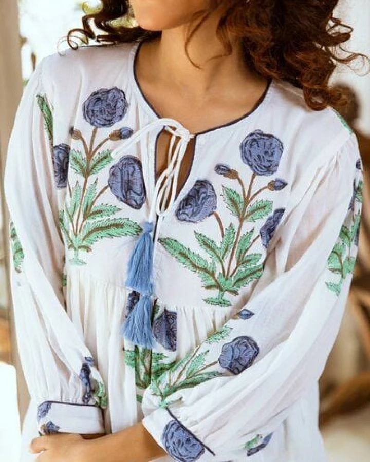Haus of Namaste Ballonkleid kurz aus Bio-Baumwolle „Himalayan Blue Poppy“ , handbedruckt mit veganen Farben
