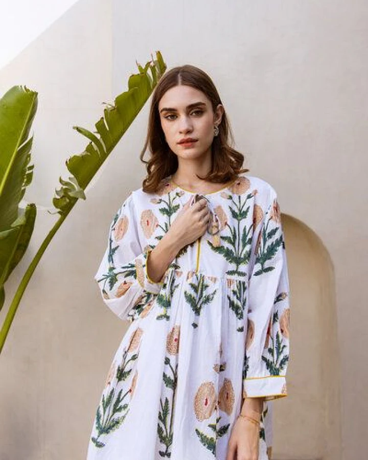 Haus of Namaste Ballonkleid kurz aus Bio-Baumwolle „Marigold Kurzkleid“ , handbedruckt mit veganen Farben