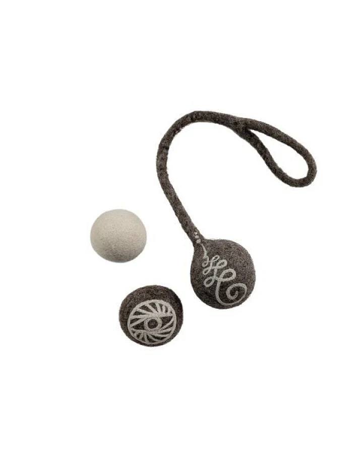 Wooliie Hunde-Spielset aus 100 % naturbelassener Schurwolle – handgefertigt & schadstofffrei (3er-Bundle) - Rope Ball & Rattle Ball