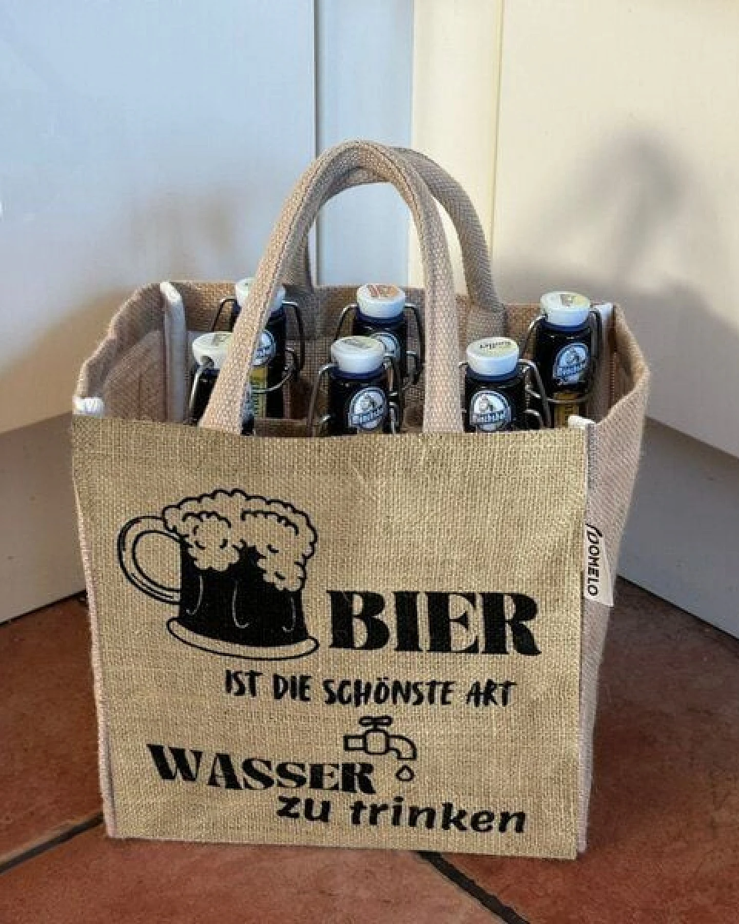 Domelo Jute Einkaufstasche, Flaschenträger mit 6 Fächer. 100% Vegane Bierflaschenträge – Ansicht 3