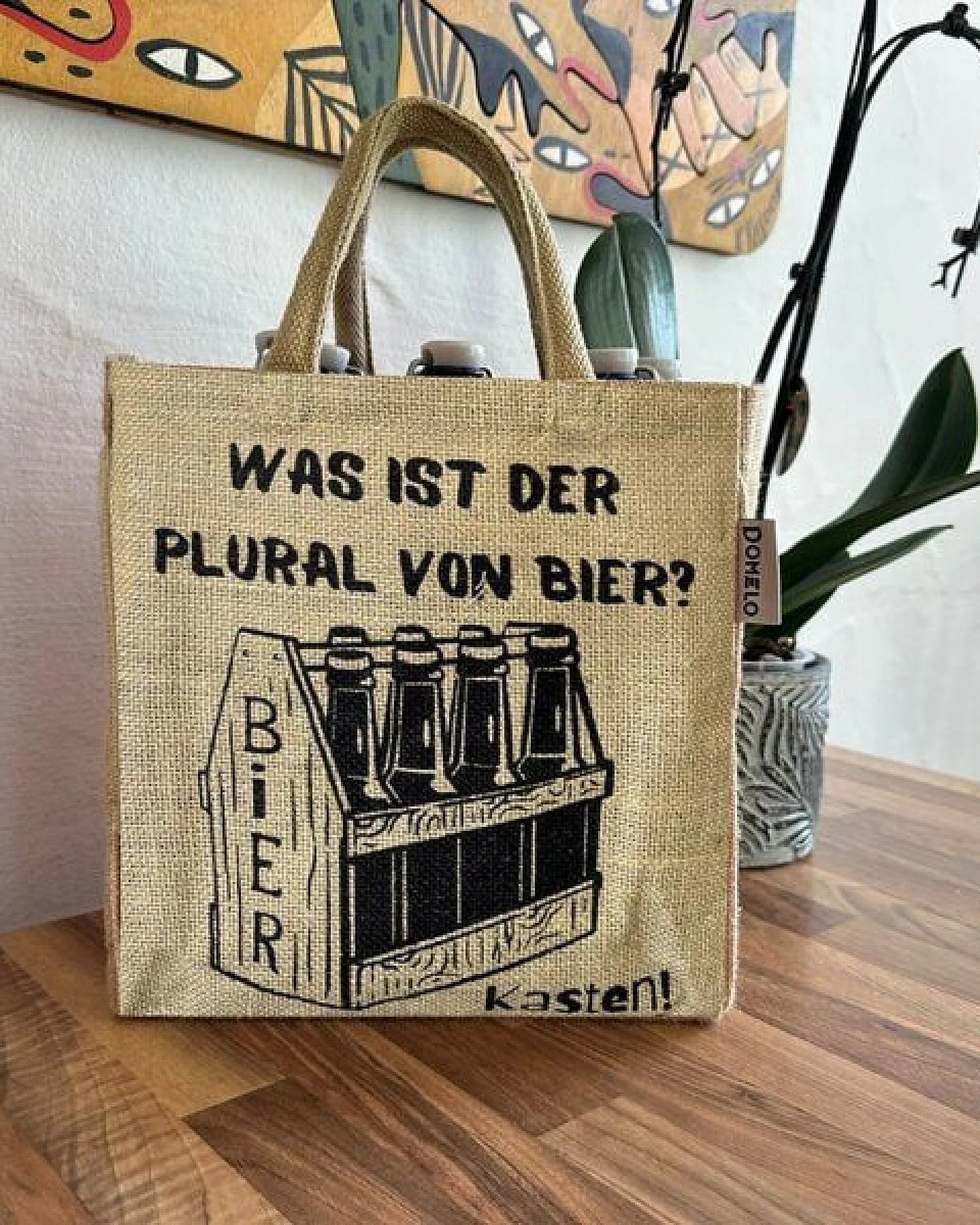 Domelo Jute Einkaufstasche, Flaschenträger mit 6 Fächer. 100% Vegane Bierflaschenträge – Ansicht 4