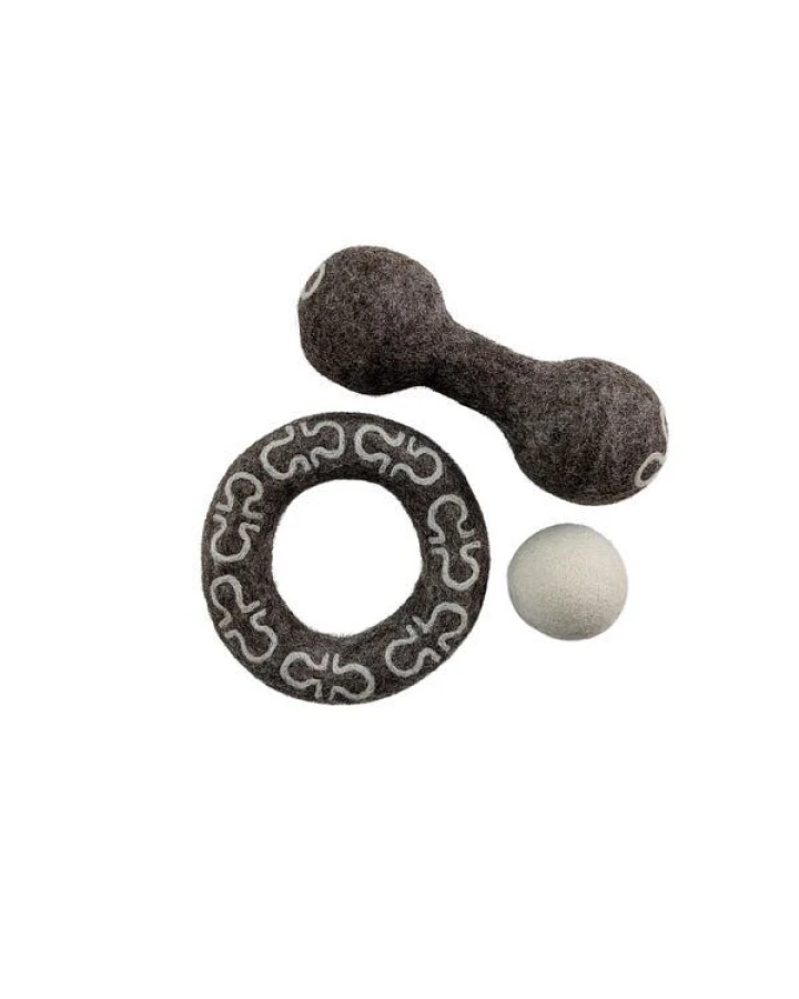 Wooliie Hunde-Spielset aus 100 % naturbelassener Schurwolle – handgefertigt & schadstofffrei (3er-Bundle) - Dumbbell & Ring
