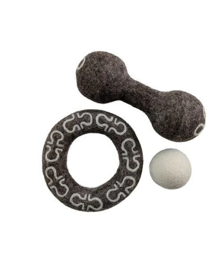 Wooliie Hunde-Spielset aus 100 % naturbelassener Schurwolle – handgefertigt & schadstofffrei (3er-Bundle) - Dumbbell & Ring