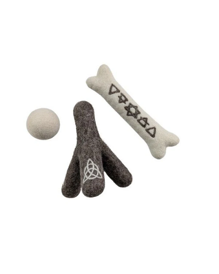 Wooliie Hunde-Spielset aus 100 % naturbelassener Schurwolle – handgefertigt & schadstofffrei (3er-Bundle) - Bone & Stick