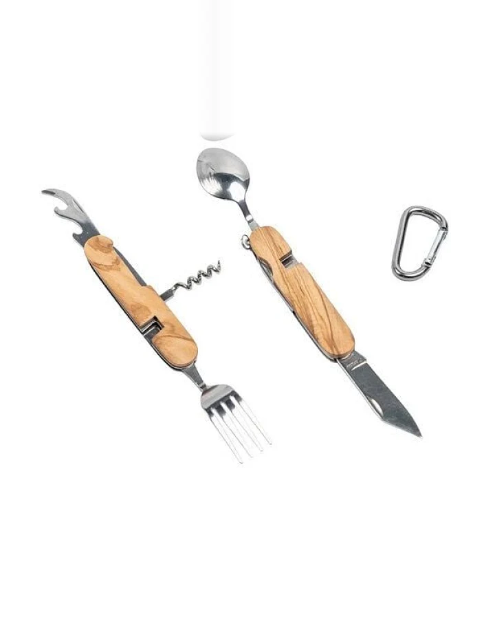 Cameleon Pack Praktisches Natur Camping Besteck *8 in 1* Edelstahl + Hochwertiges Olivenholz * Outdoor Reise Set