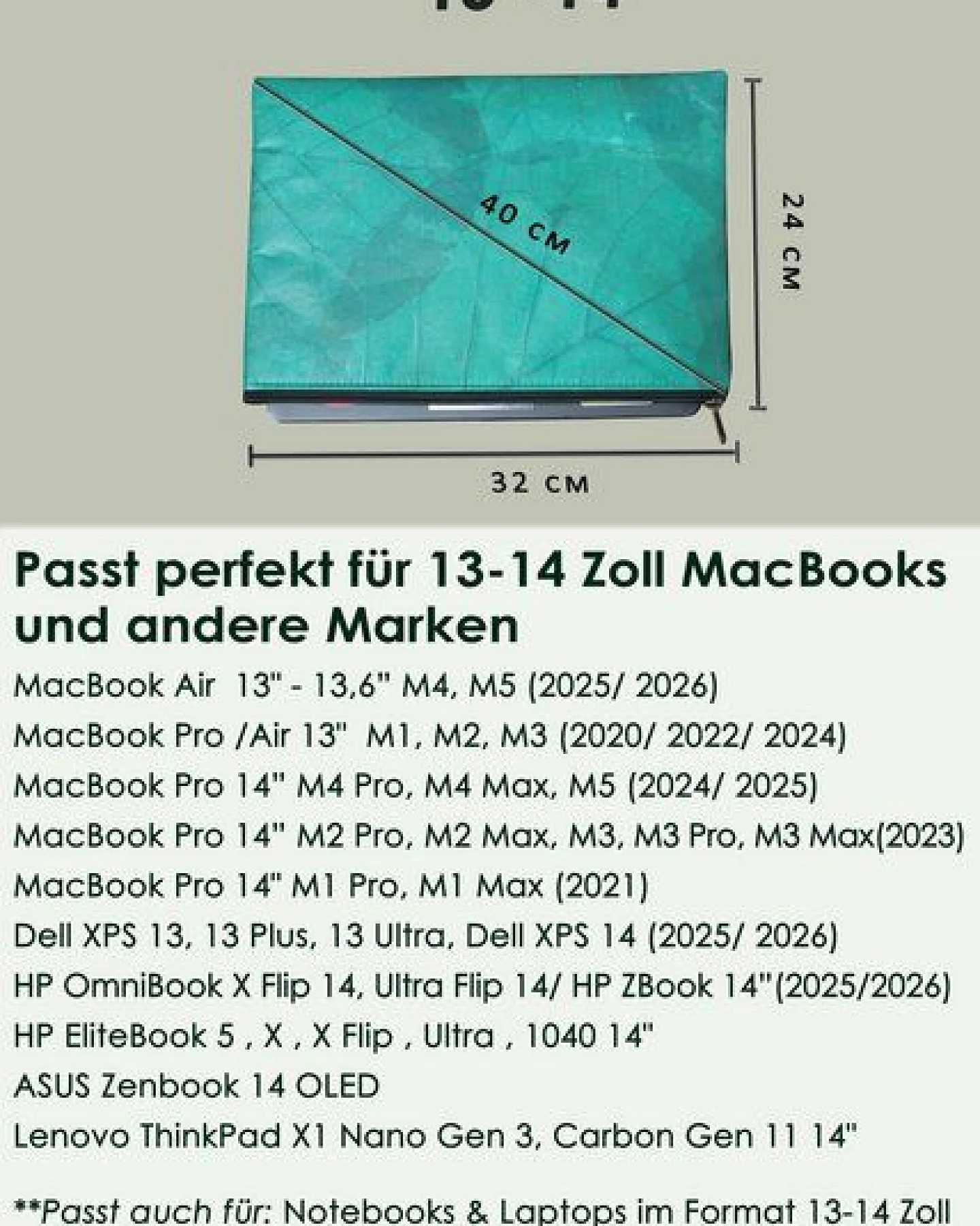 BY COPALA Gefütterte nachhaltige Laptop Hülle 13–14 Zoll aus Blattleder – Handgenähte vegane Laptoptasche, wasserabweisendes Laptop Case, Unikat für MacBook Air & Pro in türkis – Ansicht 2