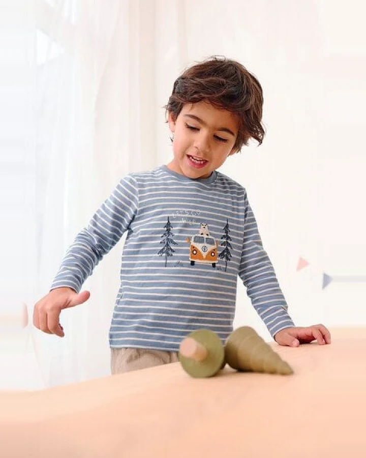 People Wear Organic Langarm Shirt, blau geringelt, "Van mit Bär", Bio-Baumwolle