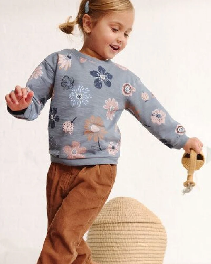 People Wear Organic Sweat Pullover, blau bedruckt, "floral", Bio-Baumwolle