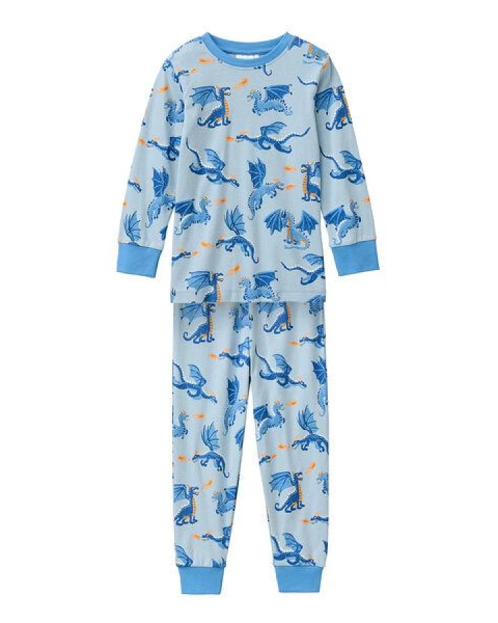 People Wear Organic Pyjama, blau bedruckt "Drachen", Bio-Baumwolle