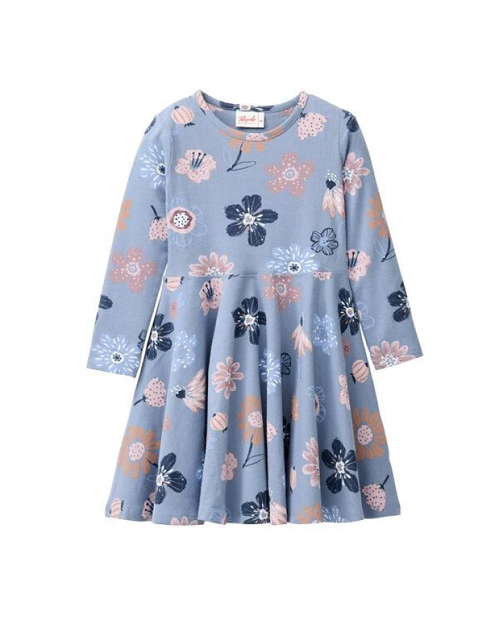 People Wear Organic Langarm Kleid, blau bedruckt, "große Herbstblumen", Bio-Baumwolle