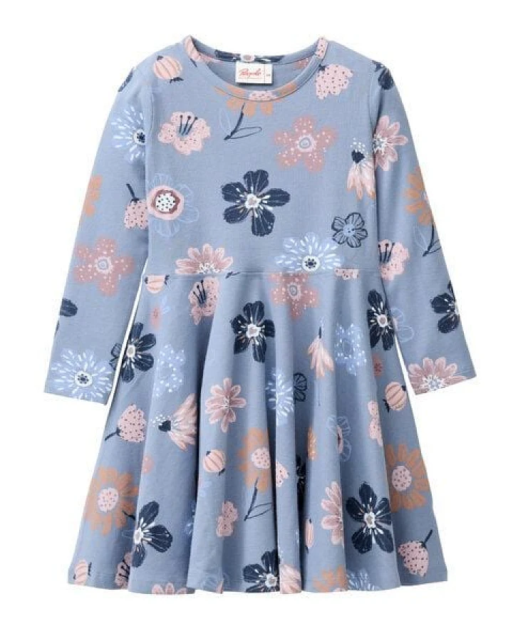 People Wear Organic Langarm Kleid, blau bedruckt, "große Herbstblumen", Bio-Baumwolle