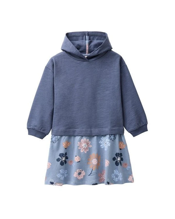 People Wear Organic Sweat Kleid, blau uni und blau bedruckt "große Herbstblumen", Bio-Baumwolle