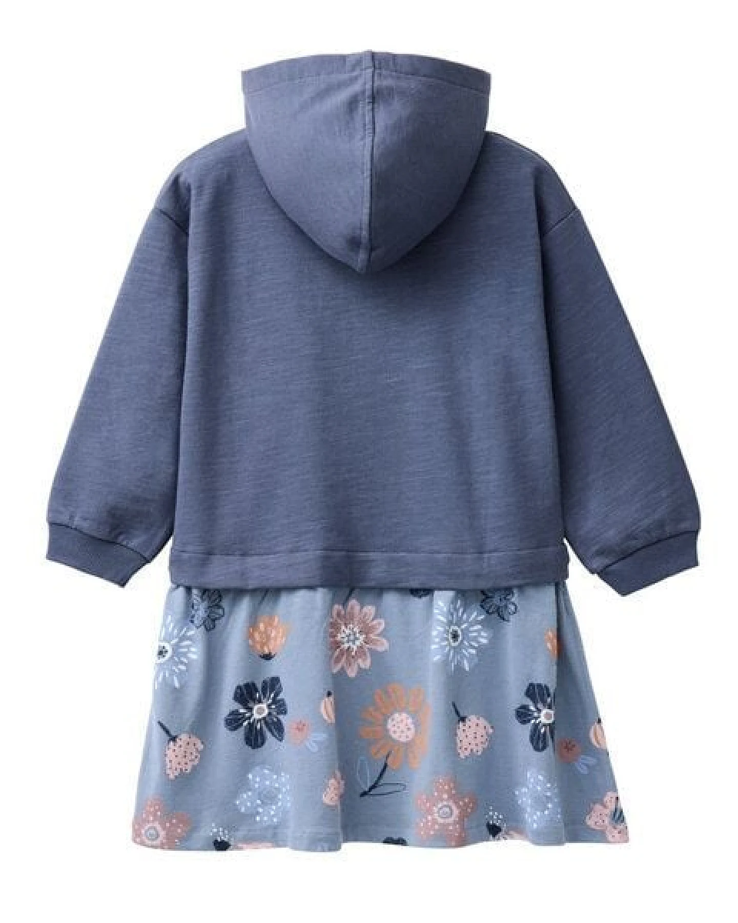People Wear Organic Sweat Kleid, blau uni und blau bedruckt "große Herbstblumen", Bio-Baumwolle – Ansicht 2