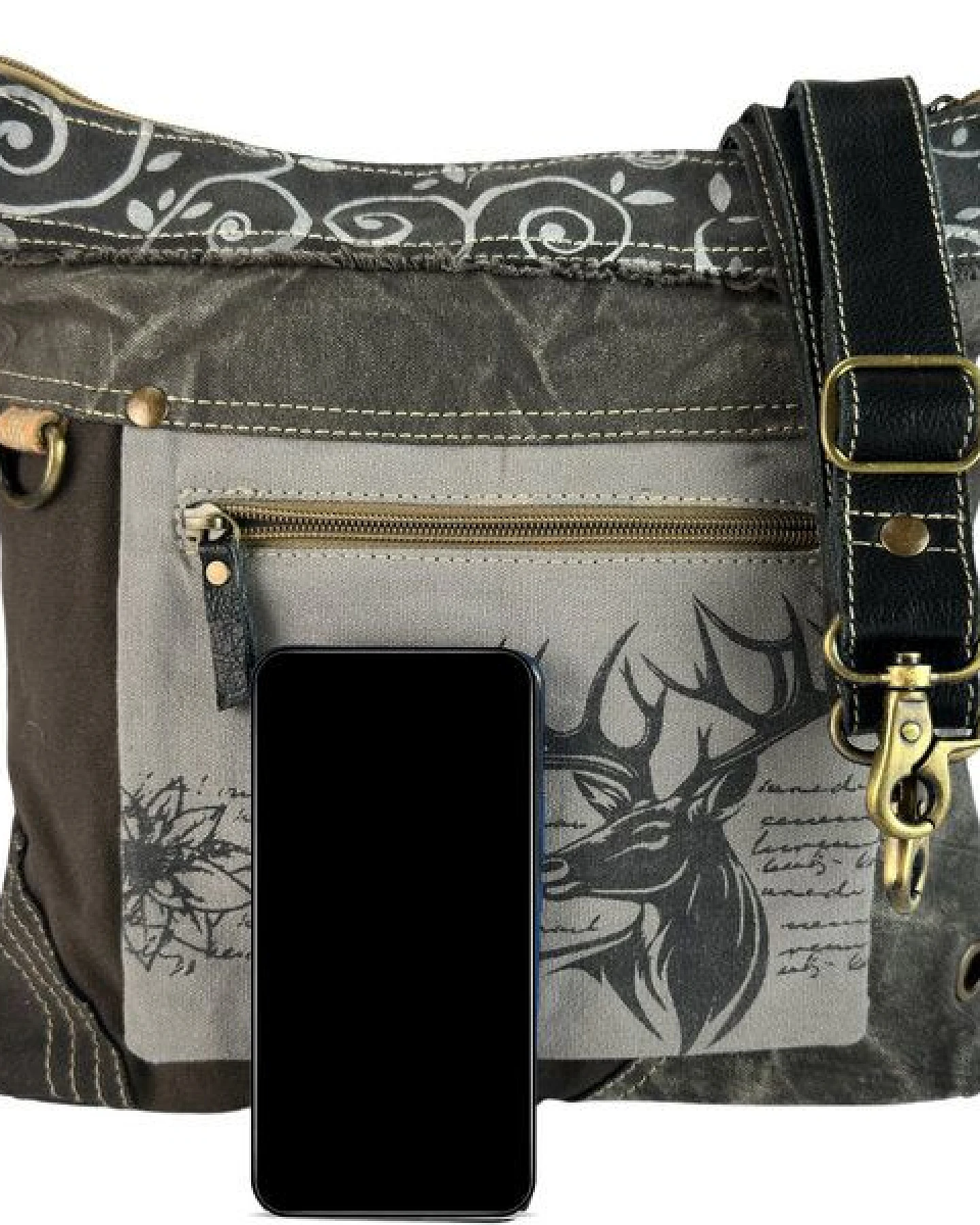Domelo Trachtentasche. Große graue Umhängetasche mit Hirschmotiv – Ansicht 3