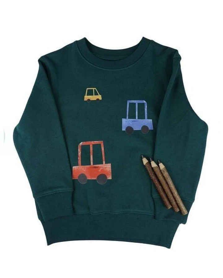 Meladi Kinder Sweater aus Biobaumwolle - Autos auf Forrest Green