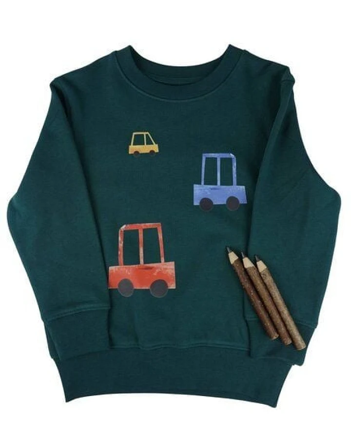 Meladi Kinder Sweater aus Biobaumwolle - Autos auf Forrest Green