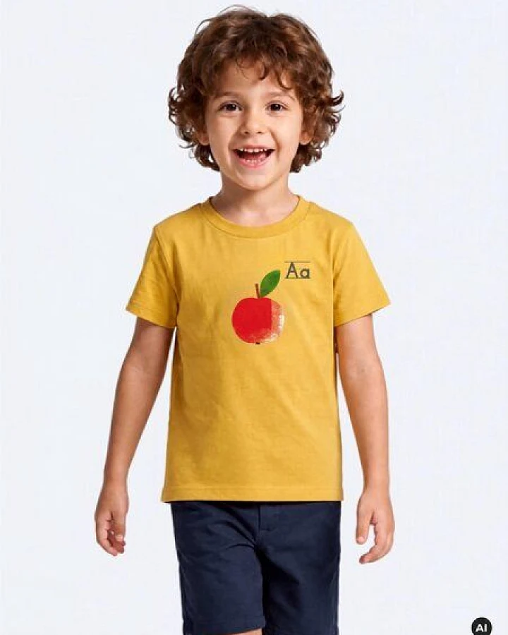 MELAdi Kinder Shirt aus Biobaumwolle - Apfel auf Ocre Gelb