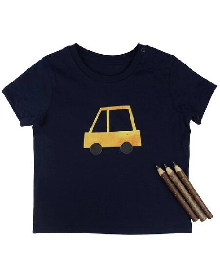 Meladi Kinder Baby-Shirt aus Biobaumwolle - Gelbes Auto auf Navy Blau