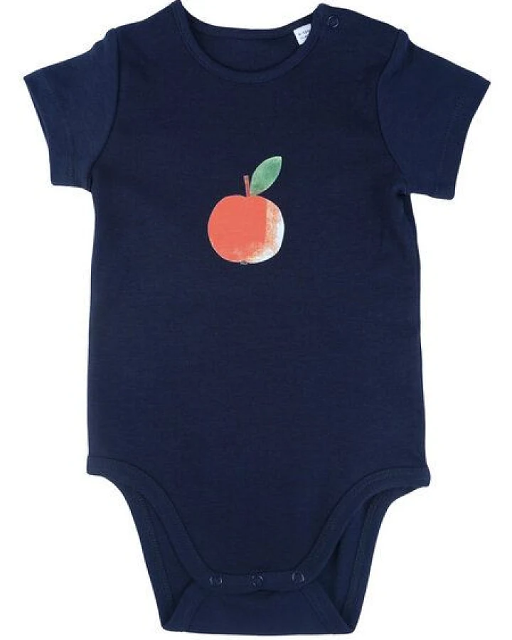 Meladi Kinder Baby-Body aus Biobaumwolle - Apfel auf Navy Blau