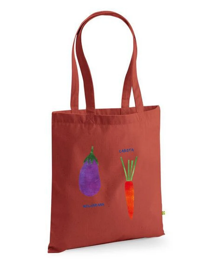 Meladi Tragetasche / Tote Bag aus Biobaumwolle - Aubergine und Karotte auf Rusty Red