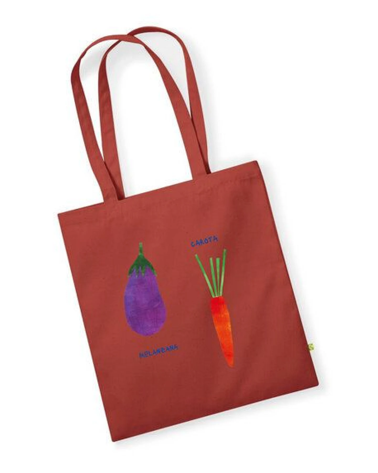 MELAdi Tragetasche / Tote Bag aus Biobaumwolle - Aubergine und Karotte auf Rusty Red – Ansicht 3