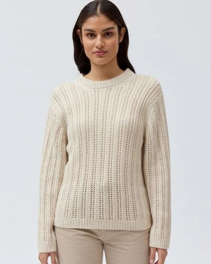 People Wear Organic Ajourstrick Pullover, uni beige, Bio-Baumwolle