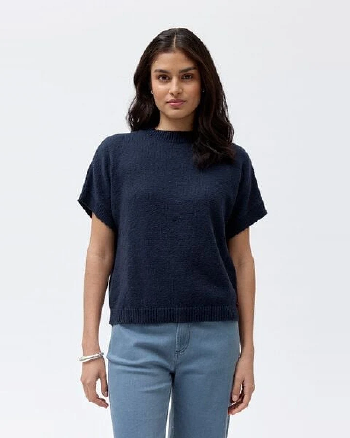 People Wear Organic Boucléstrick Kurzarm Pullover, blau uni, Bio-Baumwolle