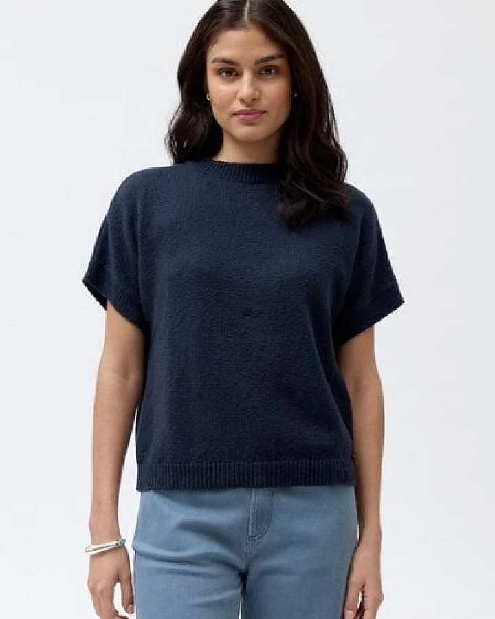 People Wear Organic Boucléstrick Kurzarm Pullover, blau uni, Bio-Baumwolle