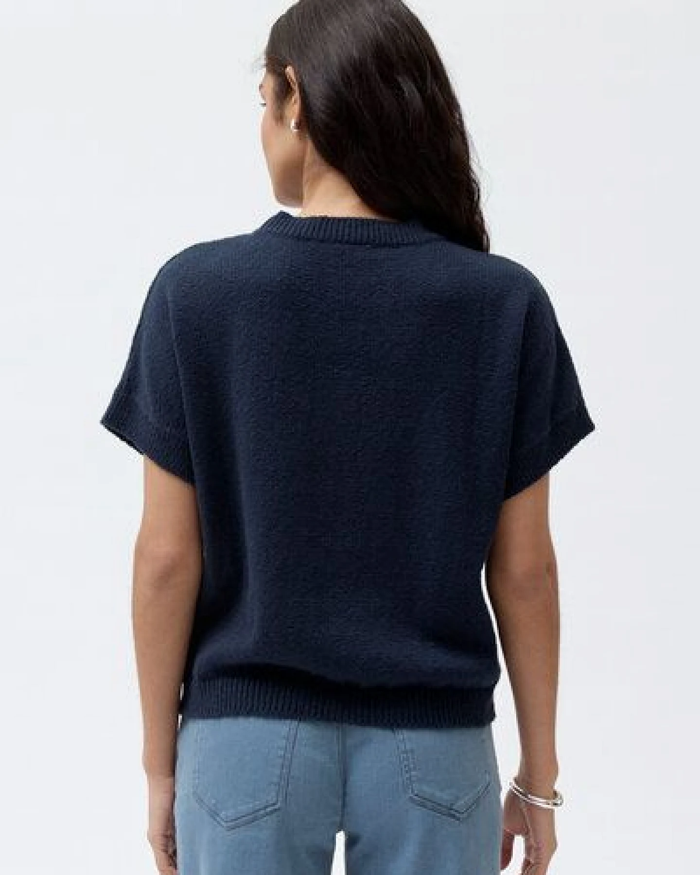 People Wear Organic Boucléstrick Kurzarm Pullover, blau uni, Bio-Baumwolle – Ansicht 2