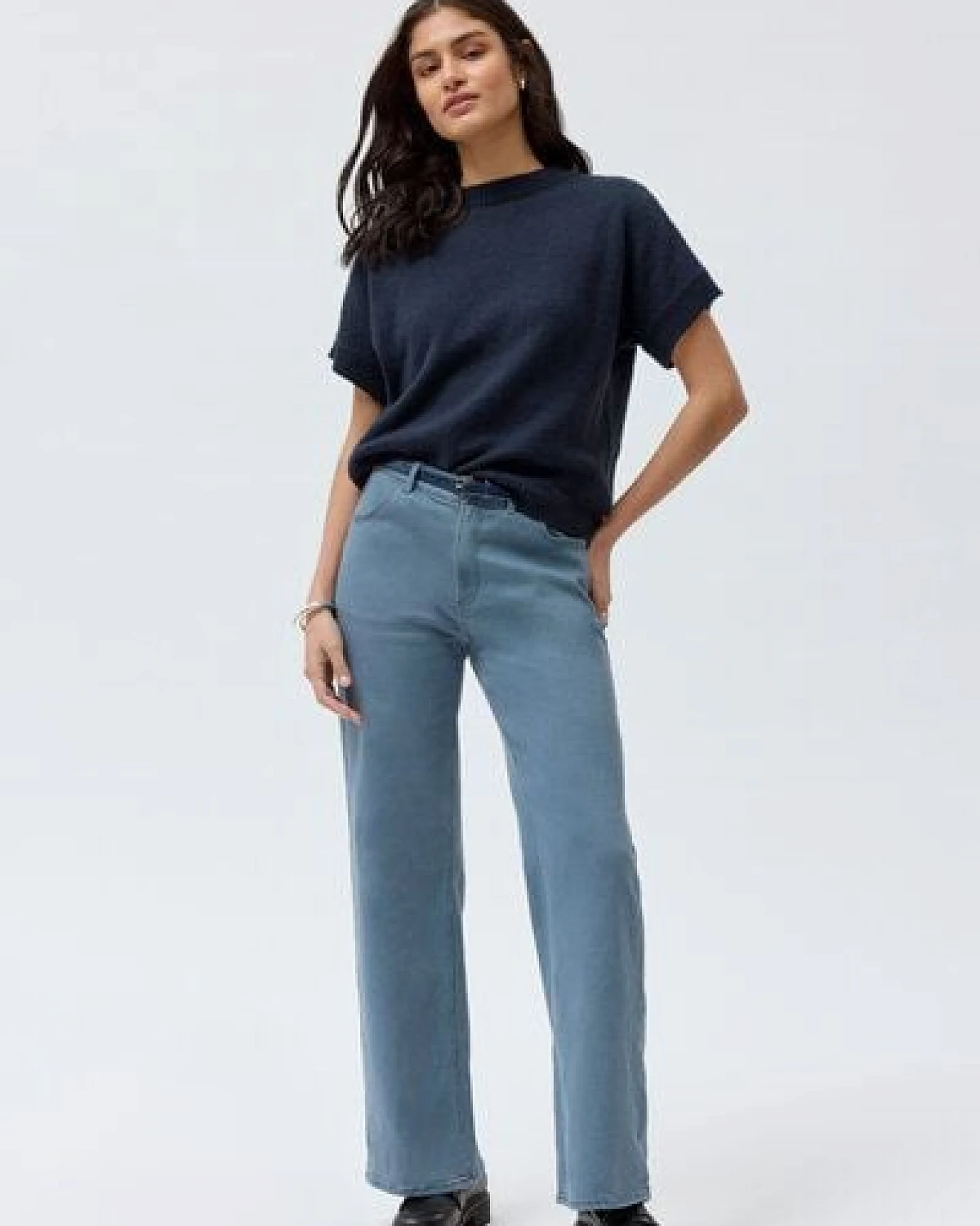 People Wear Organic Boucléstrick Kurzarm Pullover, blau uni, Bio-Baumwolle – Ansicht 3