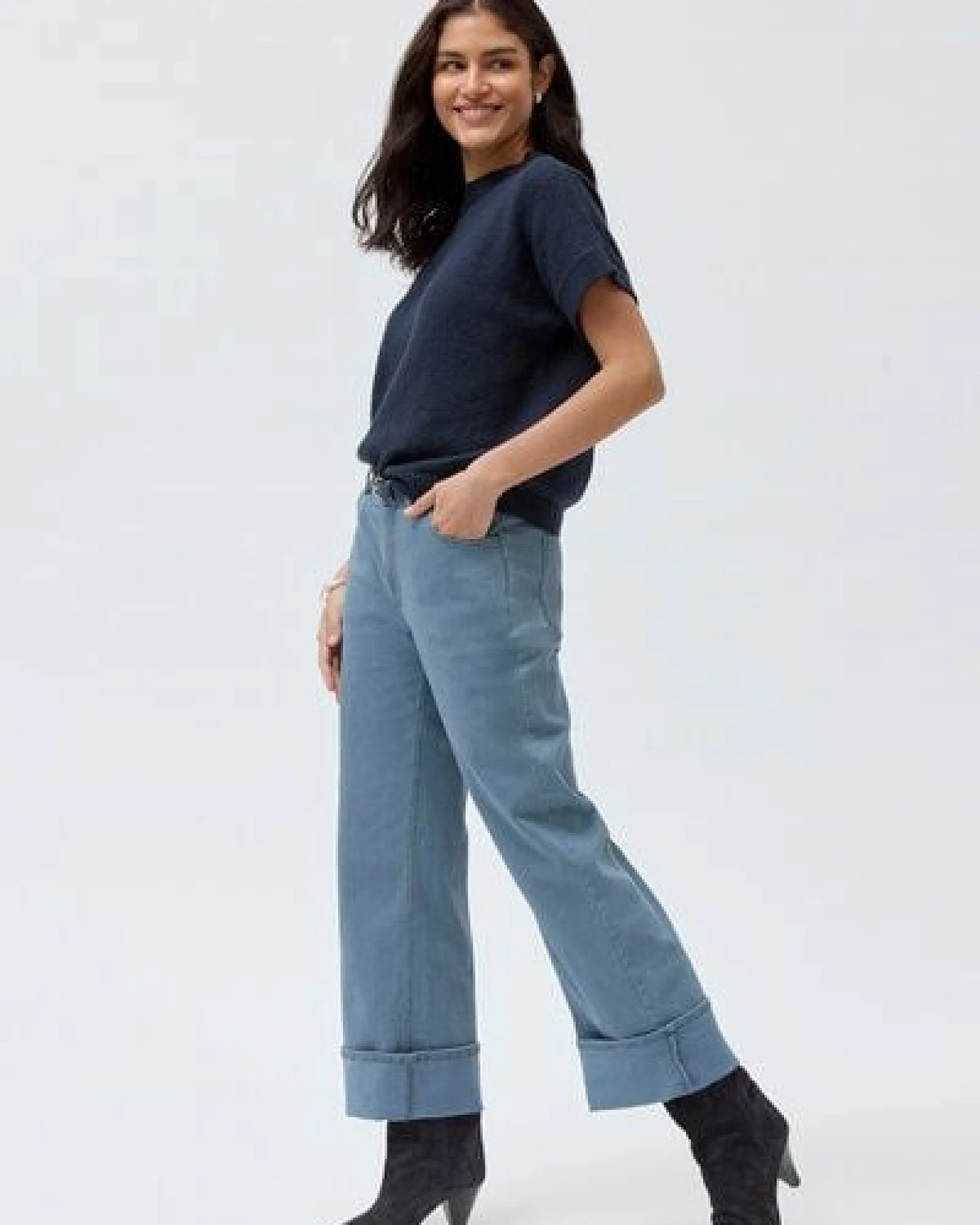 People Wear Organic Boucléstrick Kurzarm Pullover, blau uni, Bio-Baumwolle – Ansicht 4