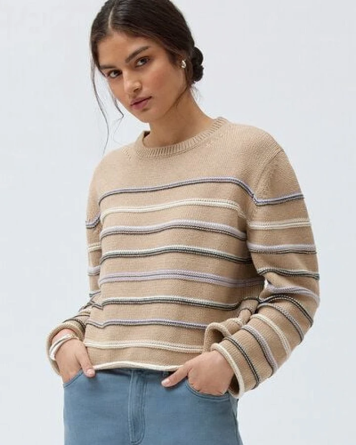 People Wear Organic Grobstrick Pullover, beige mélange geringelt, Bio-Baumwolle