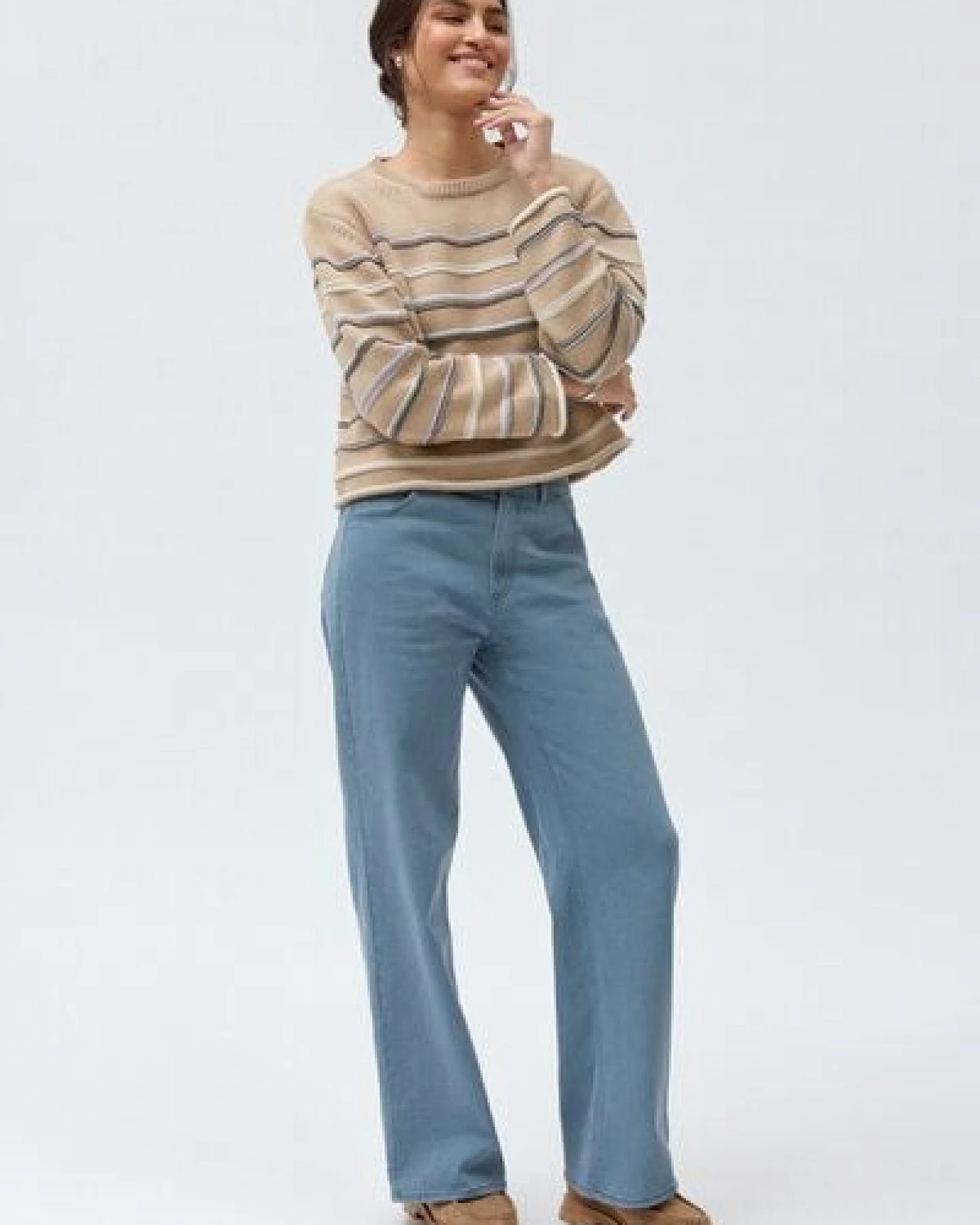 People Wear Organic Grobstrick Pullover, beige mélange geringelt, Bio-Baumwolle – Ansicht 3